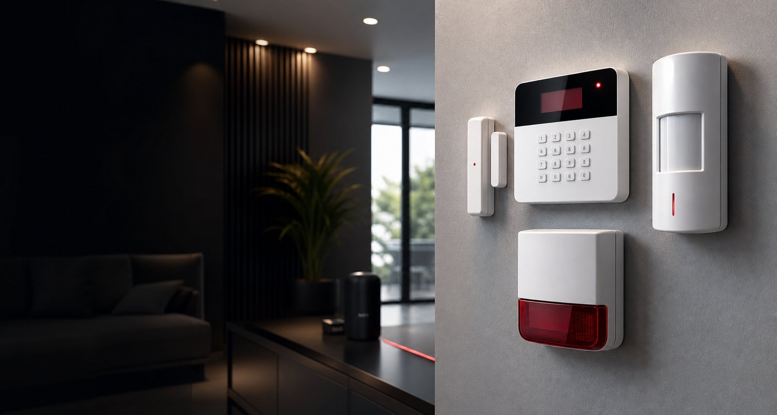 Central de alarme, sensores e sirene instalados em parede moderna