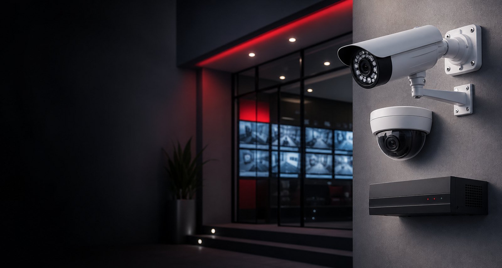 Câmeras de segurança instaladas em ambiente corporativo moderno