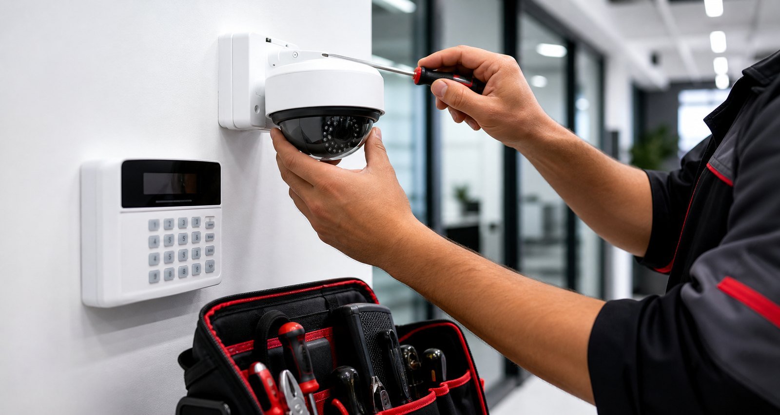 Técnico instalando câmera de segurança em ambiente interno